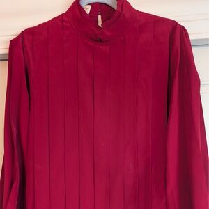 Vintage Silk Blouse Red Pleated High Neck Long Sleeve Elegant Top